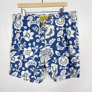 J Crew Mens Size 36 Blue White Floral Printed Swim Trunks Board Shorts Lace Up